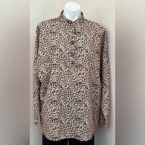 MISSLOOK Tan/Orange Green Animal Print 3 Button up Clerical Collar Blouse Sz XL